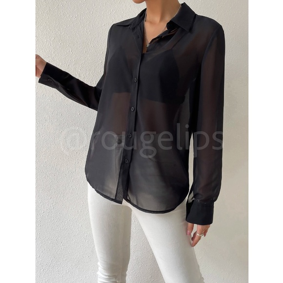 Black Sheer Chiffon Button Down Shirt Long Sleeve - Picture 6 of 8